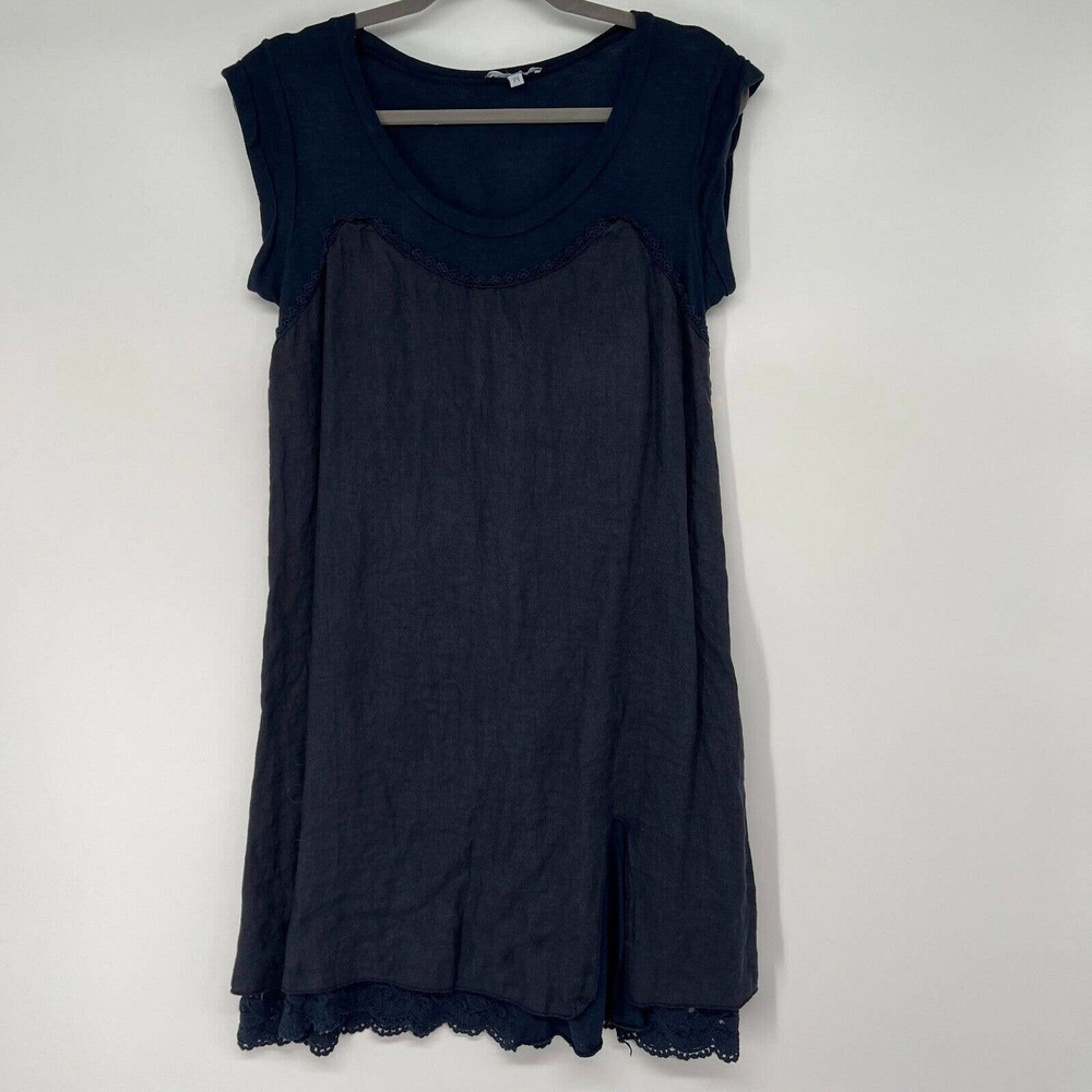 Carina Ricci Linen Tunic Dress Sz Medium Navy Blue Round Neck Lace Ruffle Trim